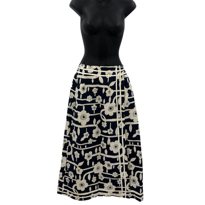 Century Vintage Navy Blue and White Floral Wrap Around Skirt
