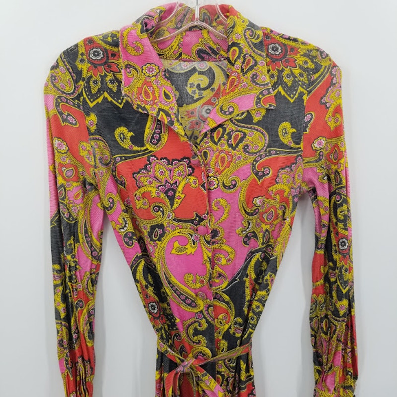 Vintage Paisley Long Sleeve Maxi Dress Waist Tie