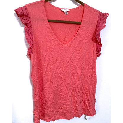 1901 V-Neck Crochet Flutter Sleeve Pullover Top Sz Large Pink NWT