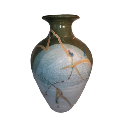 Large art pottery vase URN Clay Signed Pennington Green Blue Modern Design 15.5