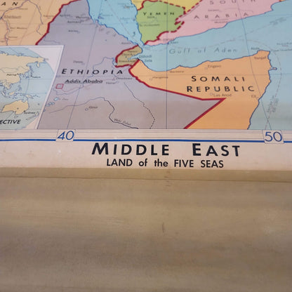 1967 Denoyer Geppert  School Wall Rollup Map The Middle East World Perspective