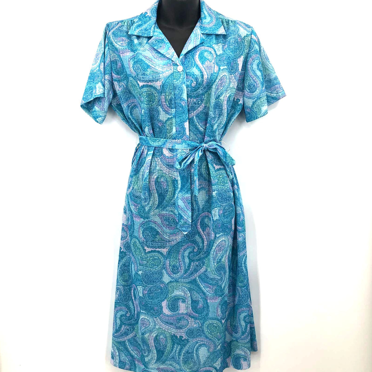 Vintage Blue Paisley 40s/50s Casual Midi Retro Dress Belted Collar Housewife