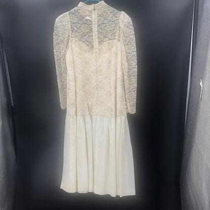 Vintage 80s Gold Lace Sheer Illusion High Neck Drop Waist Midi Dress Wedding