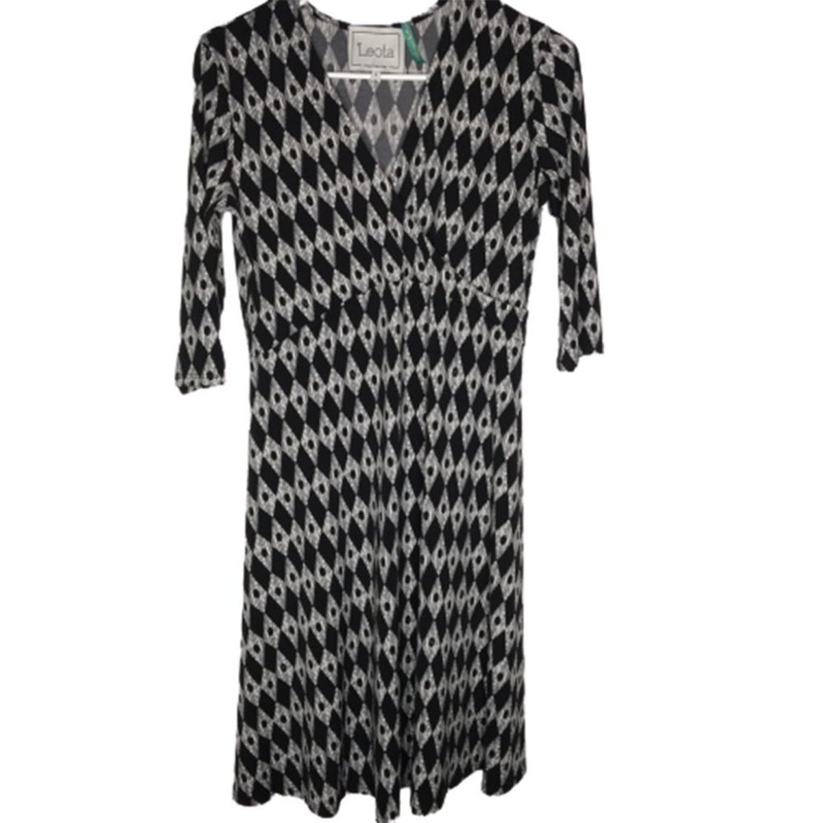 Leota Faux Wrap Dress V-Neck 3/4 Sleeve Above Knee Geometric Black/White Small