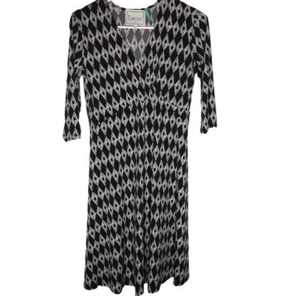 Leota Faux Wrap Dress V-Neck 3/4 Sleeve Above Knee Geometric Black/White Small