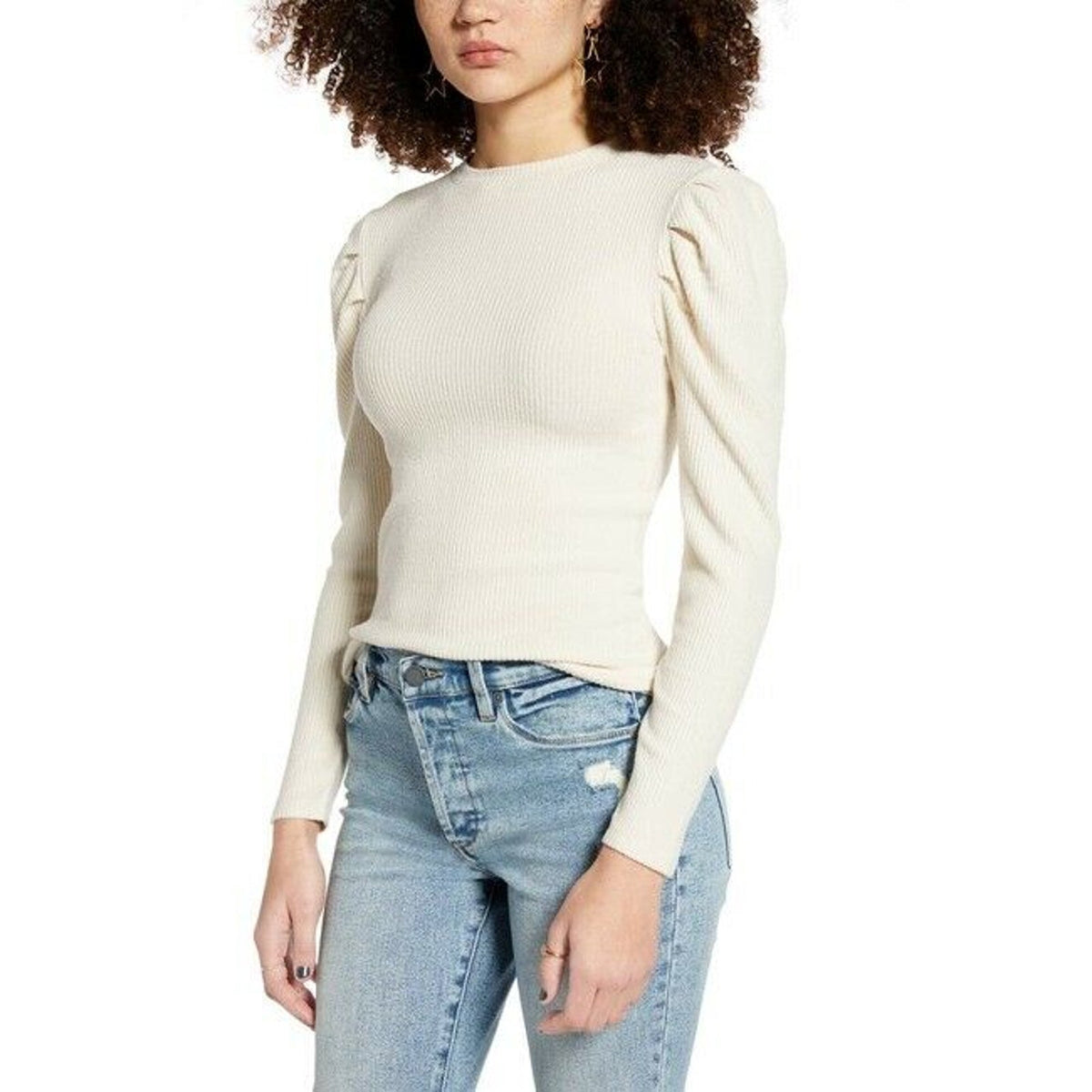 BP. Cozy Puff Sleeve Top Ribbed Long Sleeve Shirt Crew Neck Ivory X-Large NWT