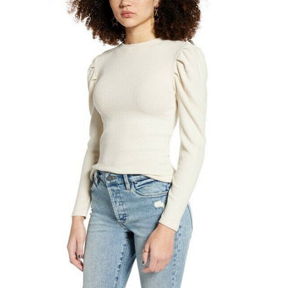 BP. Cozy Puff Sleeve Top Ribbed Long Sleeve Shirt Crew Neck Ivory X-Large NWT