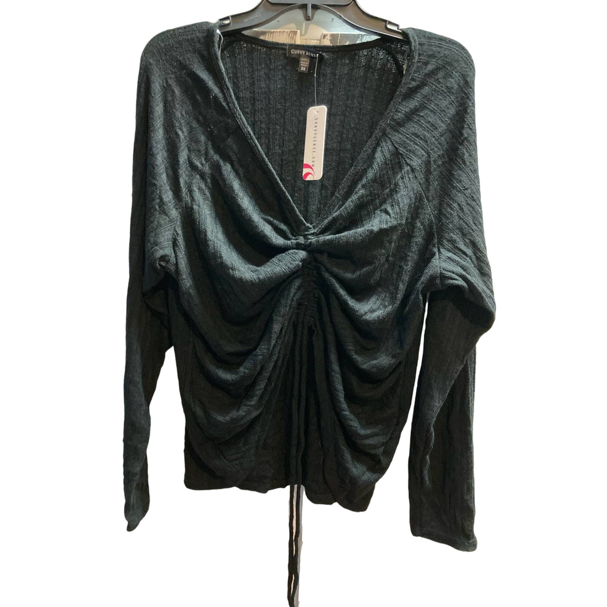 Curvy Sense Women's Top Plus 1X Black NEW Ruched Drawstring V-Neck Long Sleeve