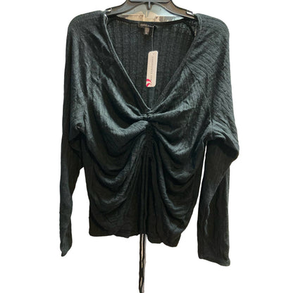 Curvy Sense Women's Top Plus 1X Black NEW Ruched Drawstring V-Neck Long Sleeve