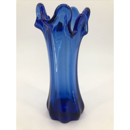 Vintage Cobalt Blue Ruffled Top Vase 9.5” Tall Heavy Finger Swung flower glass