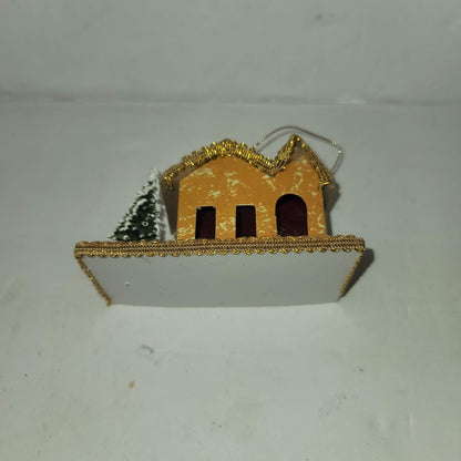 Vintage  Christmas Putz house Cardboard Mica Brown House with tree Ornament