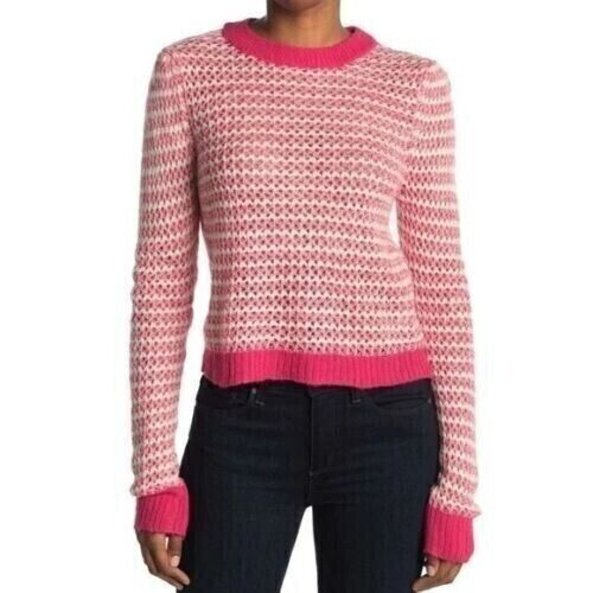 WAYF Long Sleeve Waffle Stripe Crewneck Pullover Sweater Large Pink NWT