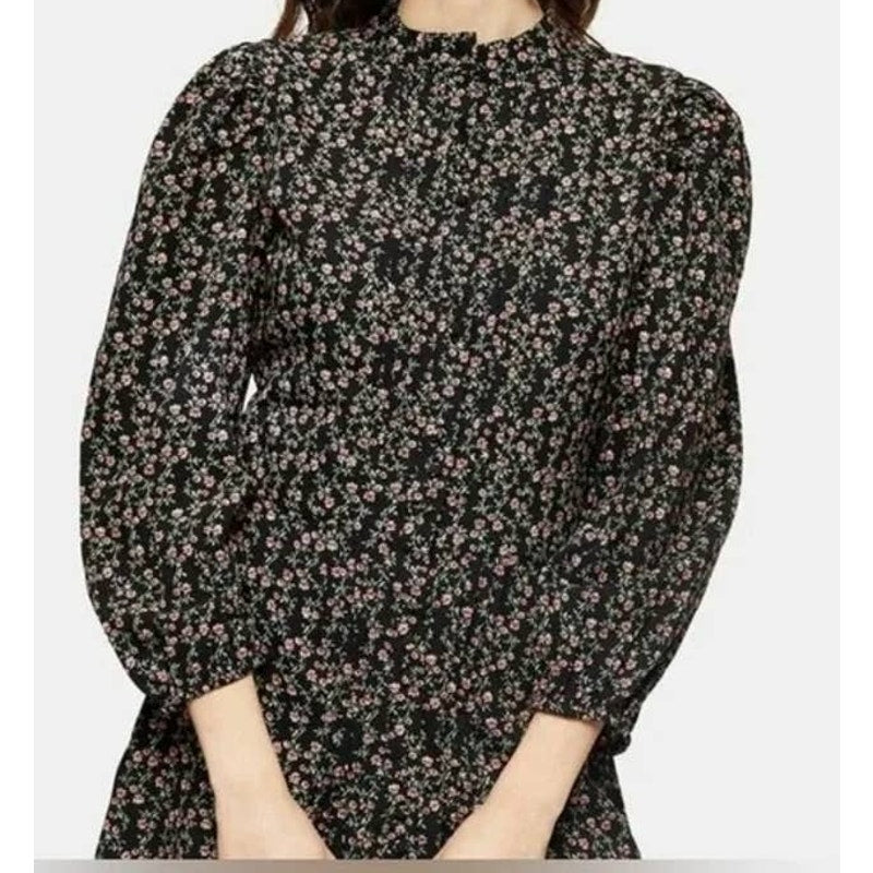 TOPSHOP Tiny Front Pleats Long Sleeve Mini Dress Sz 12 in Black Floral Multi NWT