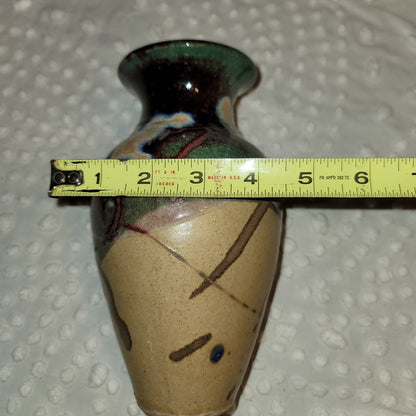 Art pottery raku vase handmade Signed Approx. 7.5" tall Clay Green Brown