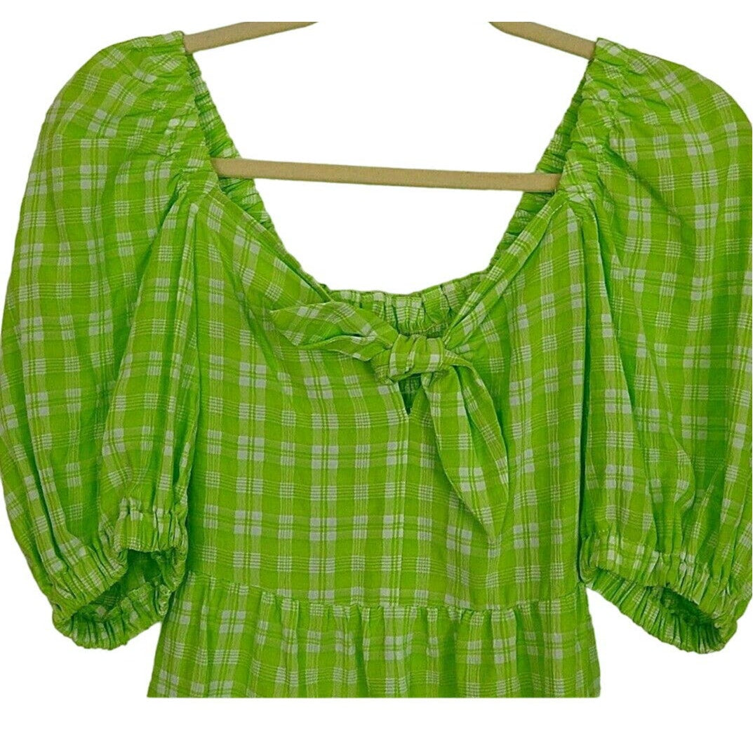 Topshop Ruched Bow Front Scoop Neck Puff Sleeve Romper US Size 2 Lime Plaid NWT