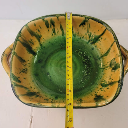 VINTAGE Majolica Art Pottery Italian Serving Bowl yellow green Drip Glaze Italy