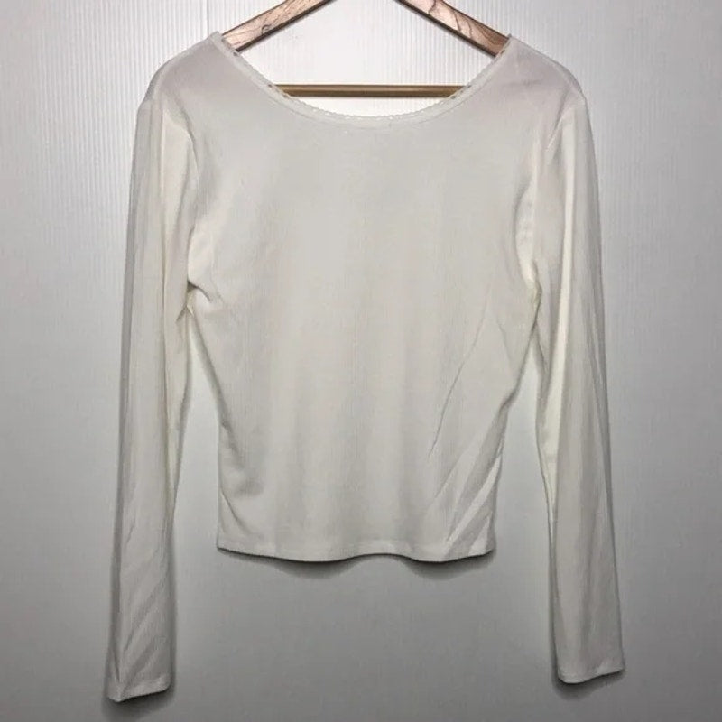 ABOUND Ivory Medium NEW Long Sleeve Lace Trim T-Shirt Scoop Neck Soft Stretchy