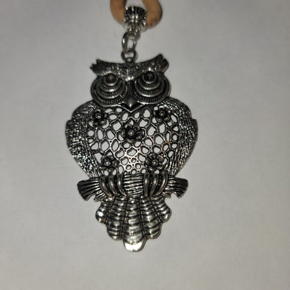 NEW silvertone Black Aged Filigree Metal Scarf Purse Slide Cork Rope OWL