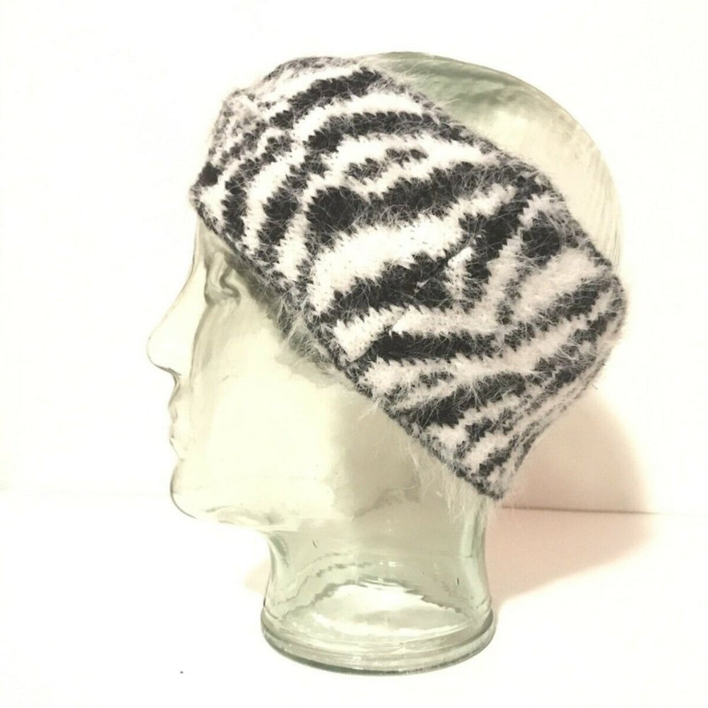 New DKNY Animal Zebra Print Front Twist Headband Ear Warmer Fuzzy Black White