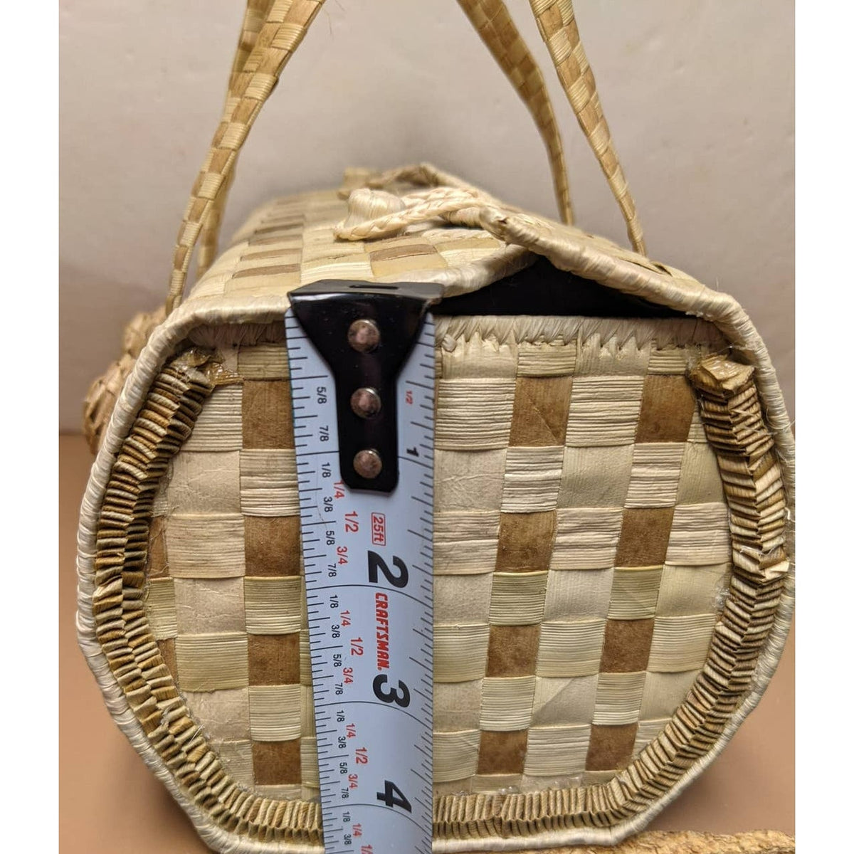 Clamshell Handmade Woven Purse with Flowers Bamboo or Grass Handbag Very Stiff