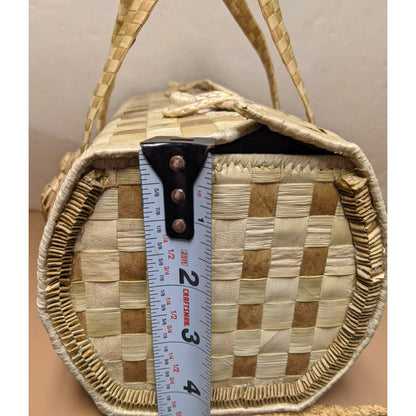 Clamshell Handmade Woven Purse with Flowers Bamboo or Grass Handbag Very Stiff
