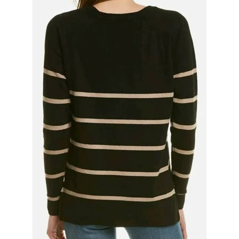 Bobeau V-Neck Front Seam Striped Pullover Knit Top Sz Large in Black Oatmeal NWT