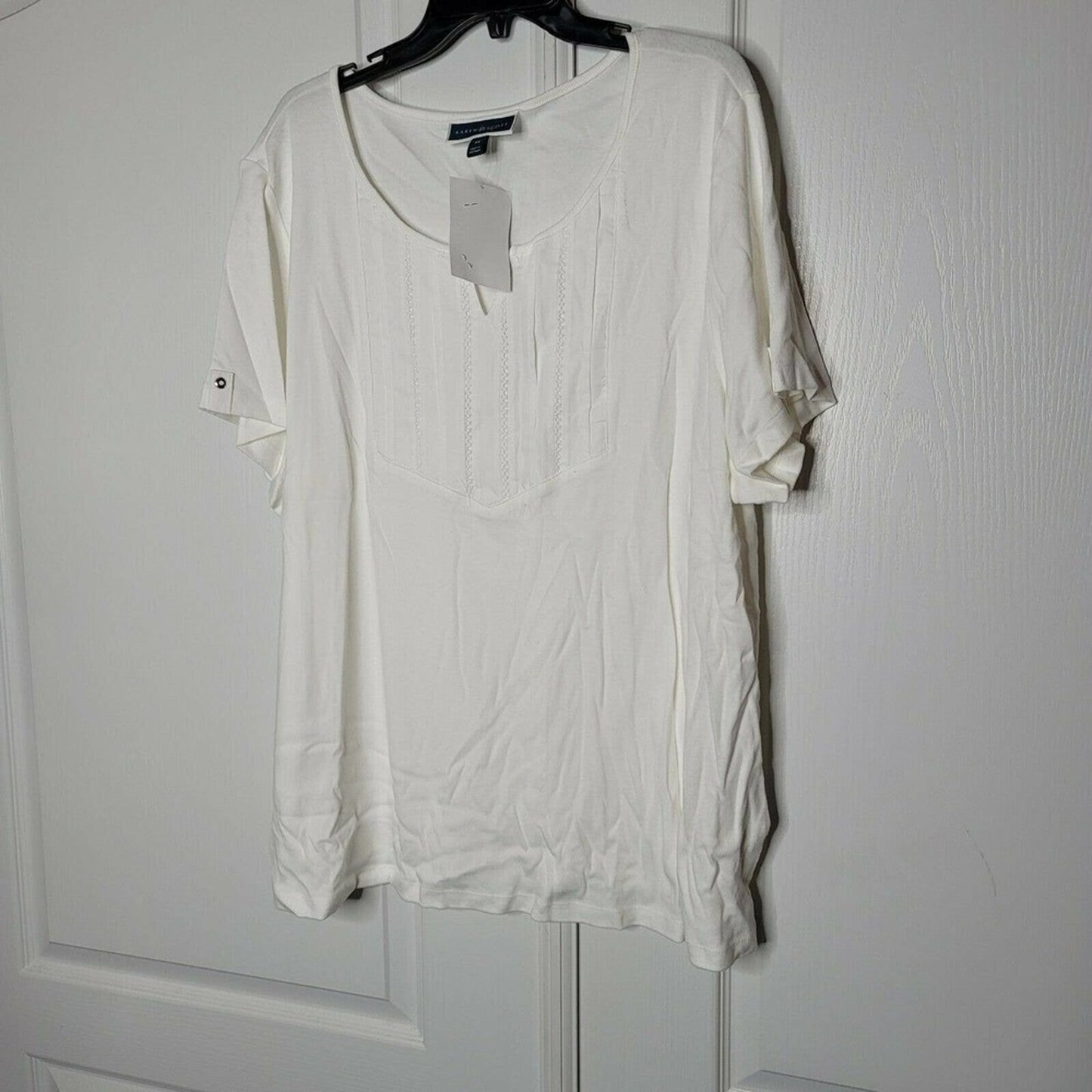 Karen Scott Cotton V-Neck Top Pullover Button Embellish Bright White Size LARGE