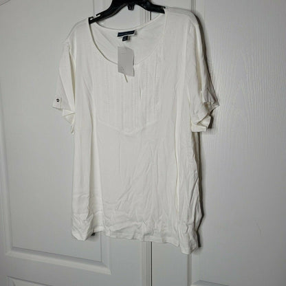 Karen Scott Cotton V-Neck Top Pullover Button Embellish Bright White Size LARGE