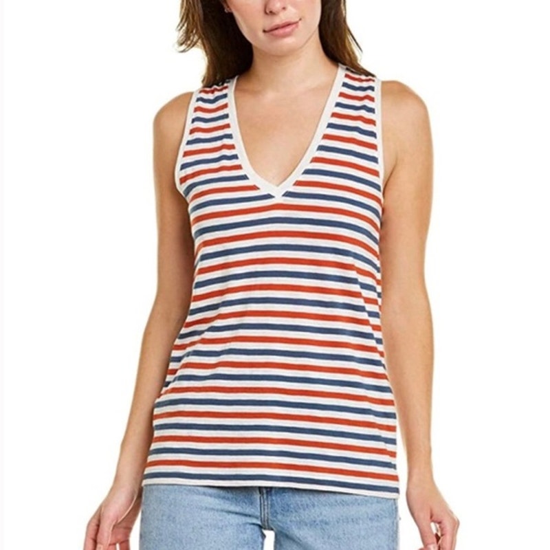 Madewell Whisper Cotton V-Neck Tank Top Sz Small Red White Blue Stripes NWT