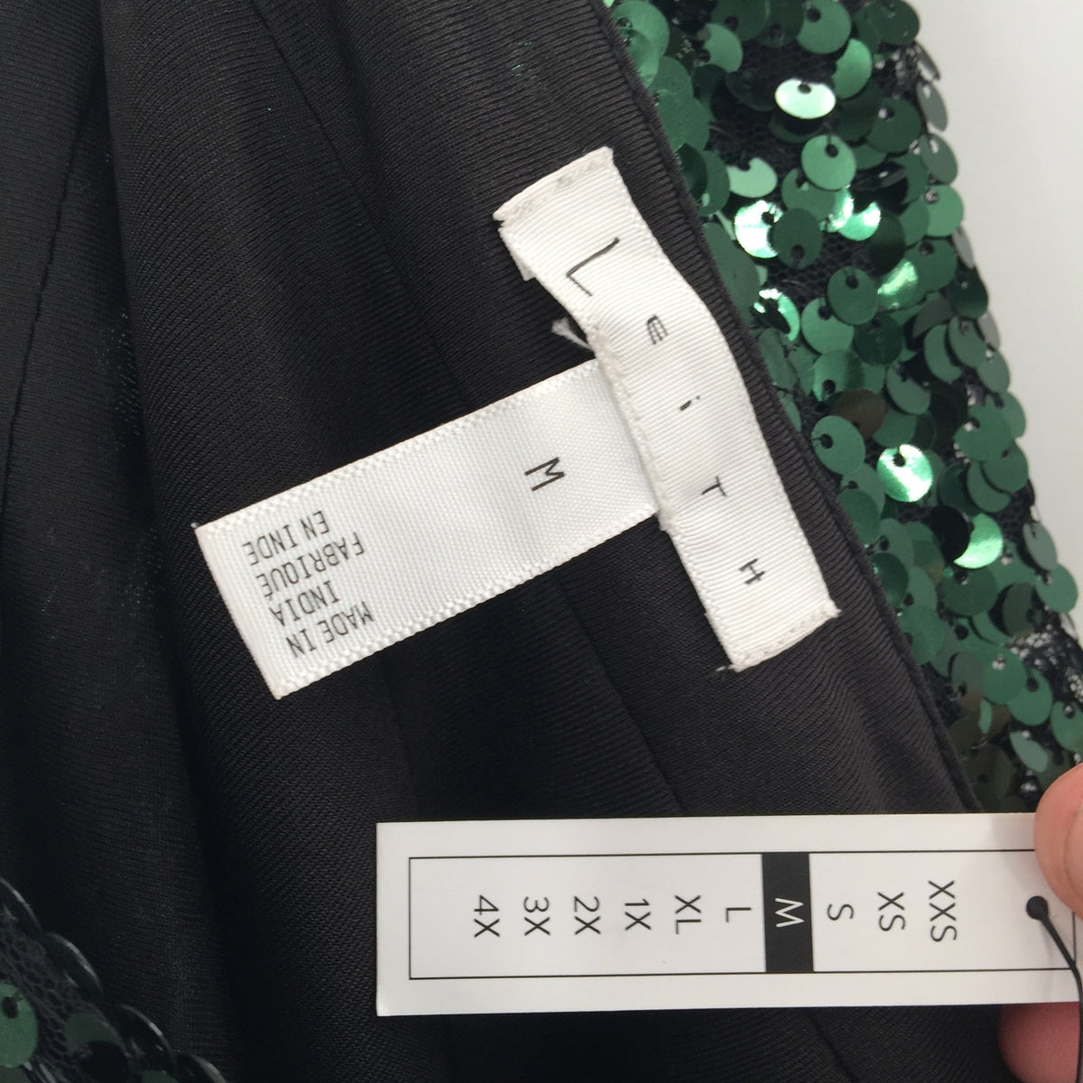 LEITH Straight Mini Skirt Sequin Side-Zip Solid Green Medium festive dance club