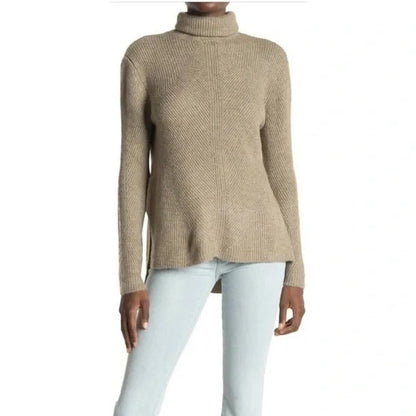 Sweet Romeo Sweater Large Heather Latte NEW Abstract Rib Turtleneck Hi Low Tunic