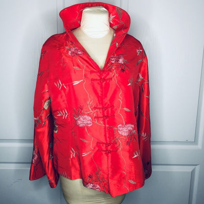 XXL Chinese Asian Large collar button up top RED Satin Feel Floral blouse top