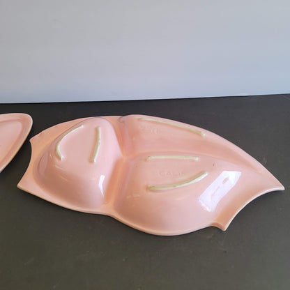 California Pottery Pink Covered Dish MCM Divided Leaf Shape Serving Tray VINTAGE