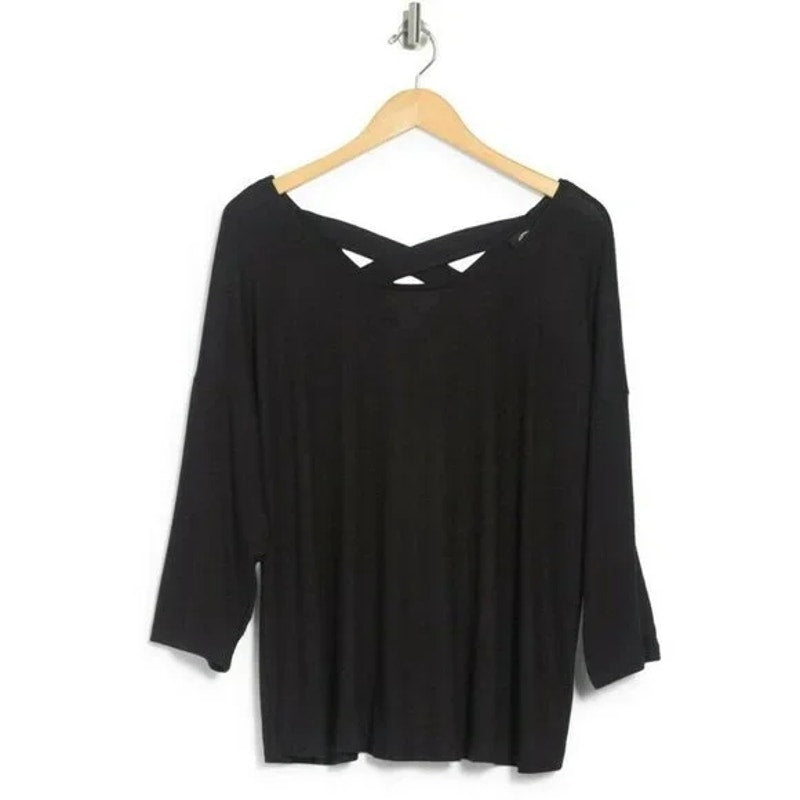 Bobeau Women's Top Cross Back Lace Trim 1X Black NEW Dolman Quarter Sleeves