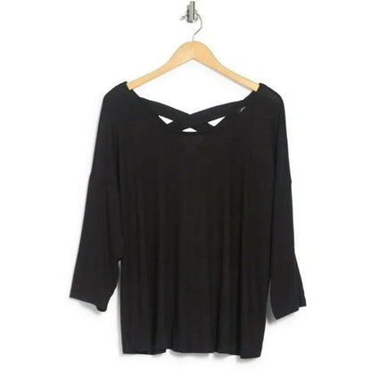 Bobeau Women's Top Cross Back Lace Trim 1X Black NEW Dolman Quarter Sleeves
