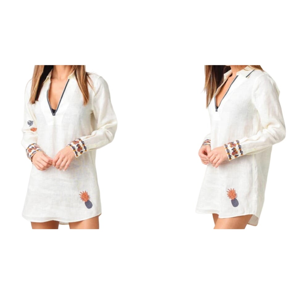 Tory Burch Embroidered Beach Shirt Top Sz XS/Extra Small in Ivory Multi NWT