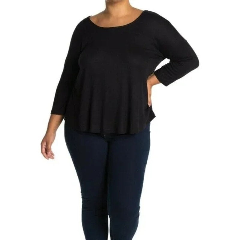 Bobeau Women's Top Cross Back Lace Trim 1X Black NEW Dolman Quarter Sleeves