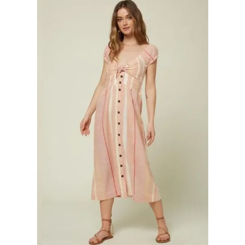 O'Neil Coral Pink Orange Striped Button LINEN Boho Elijah Woven Midi Dress SMALL
