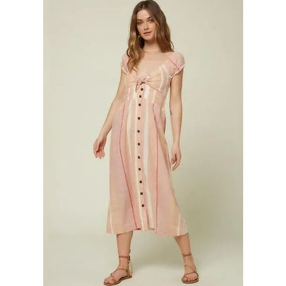 O'Neil Coral Pink Orange Striped Button LINEN Boho Elijah Woven Midi Dress SMALL