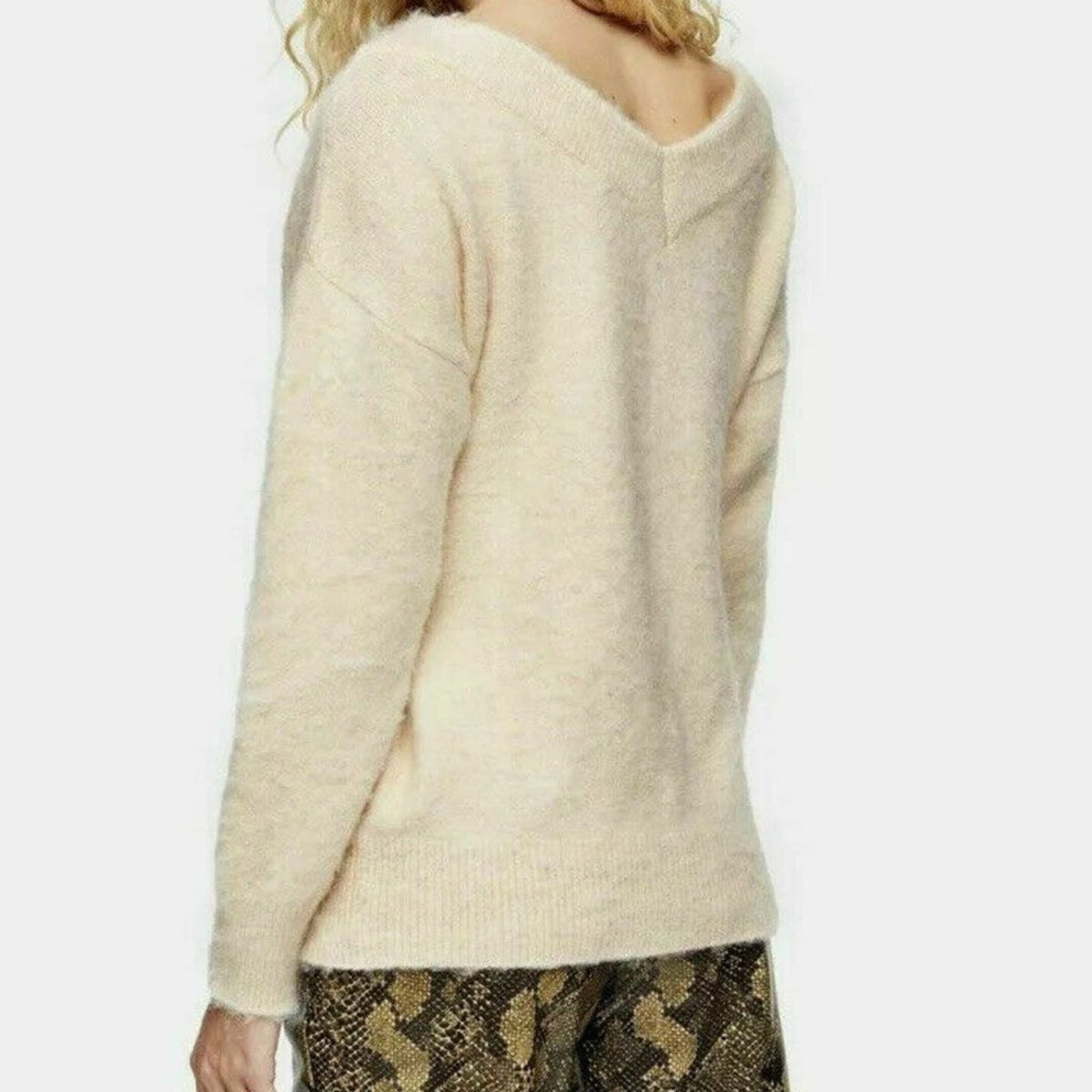 Topshop V-Neck Pullover Sweater Stretch Size 14 Oatmeal Cream Round Hem oVERSIZE