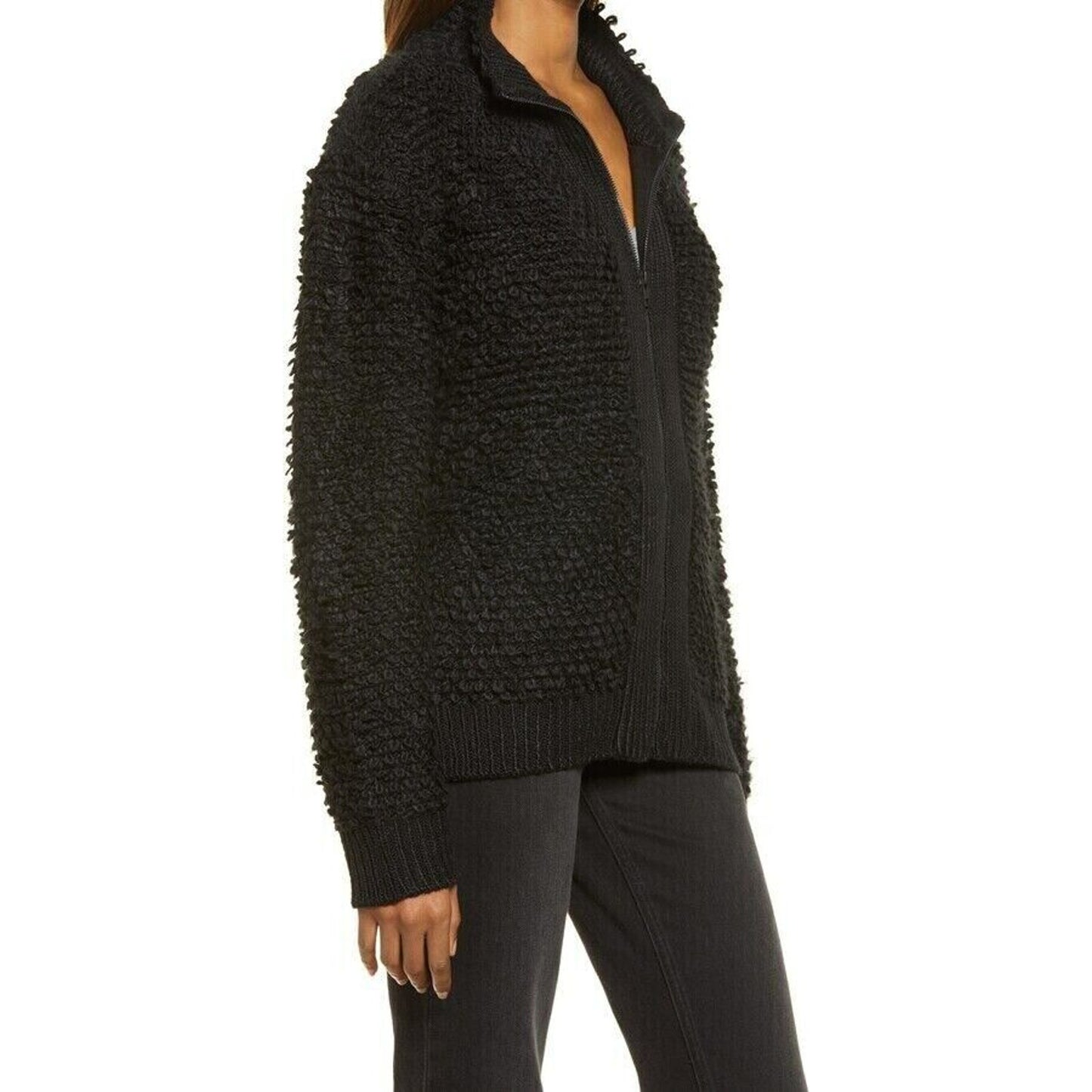 Treasure & Bond Loop Yarn Front Zip Cardigan Sweater Jacket Sz Small Black NWT
