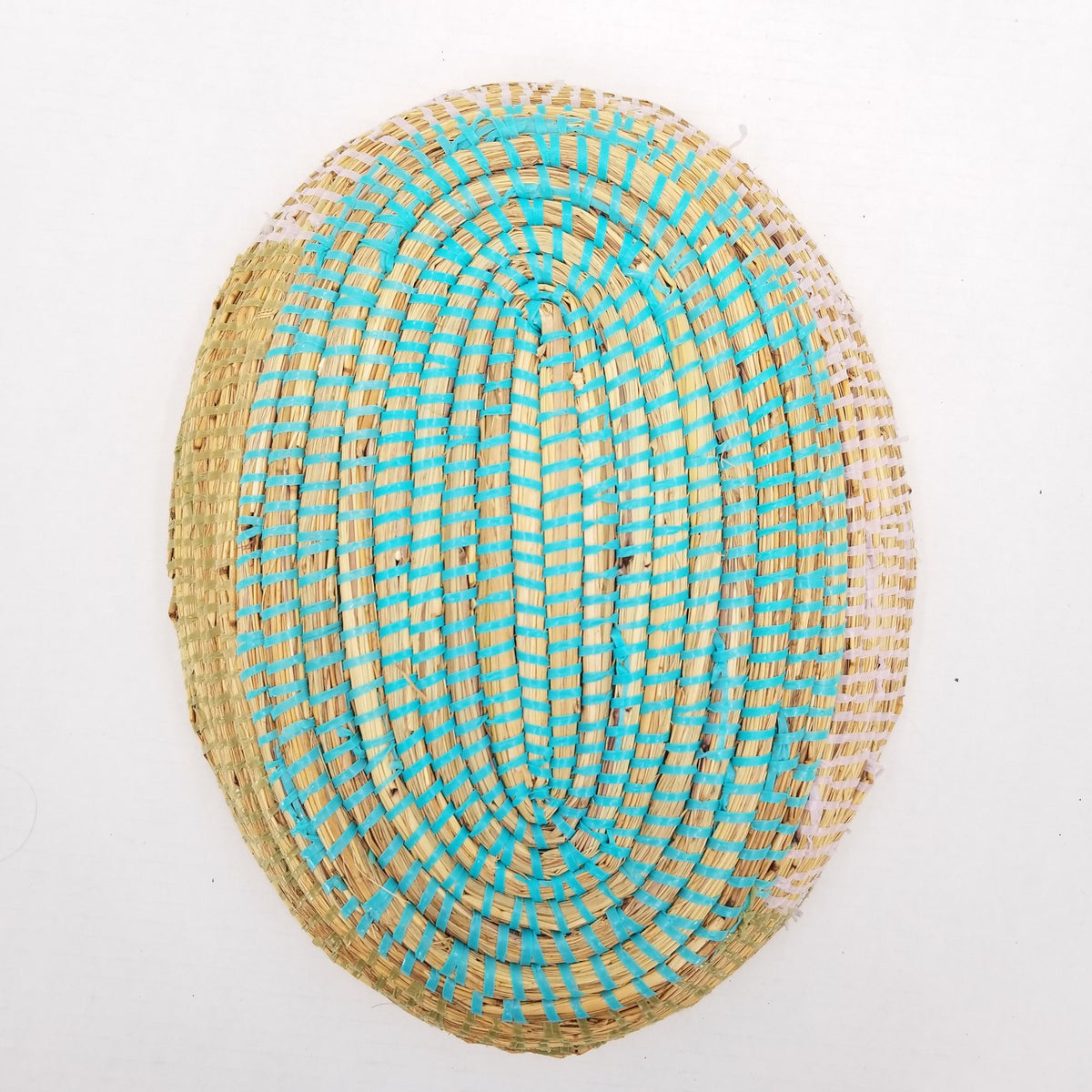 Handmade Senegal Woven Sea Grass Basket Recycled Plastic Astou Dioum Teal Wrap