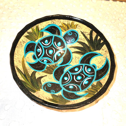 Sea Turtle Pair Clay footed bowl Salsa Salt Serving Glazed Teal Black Yellow