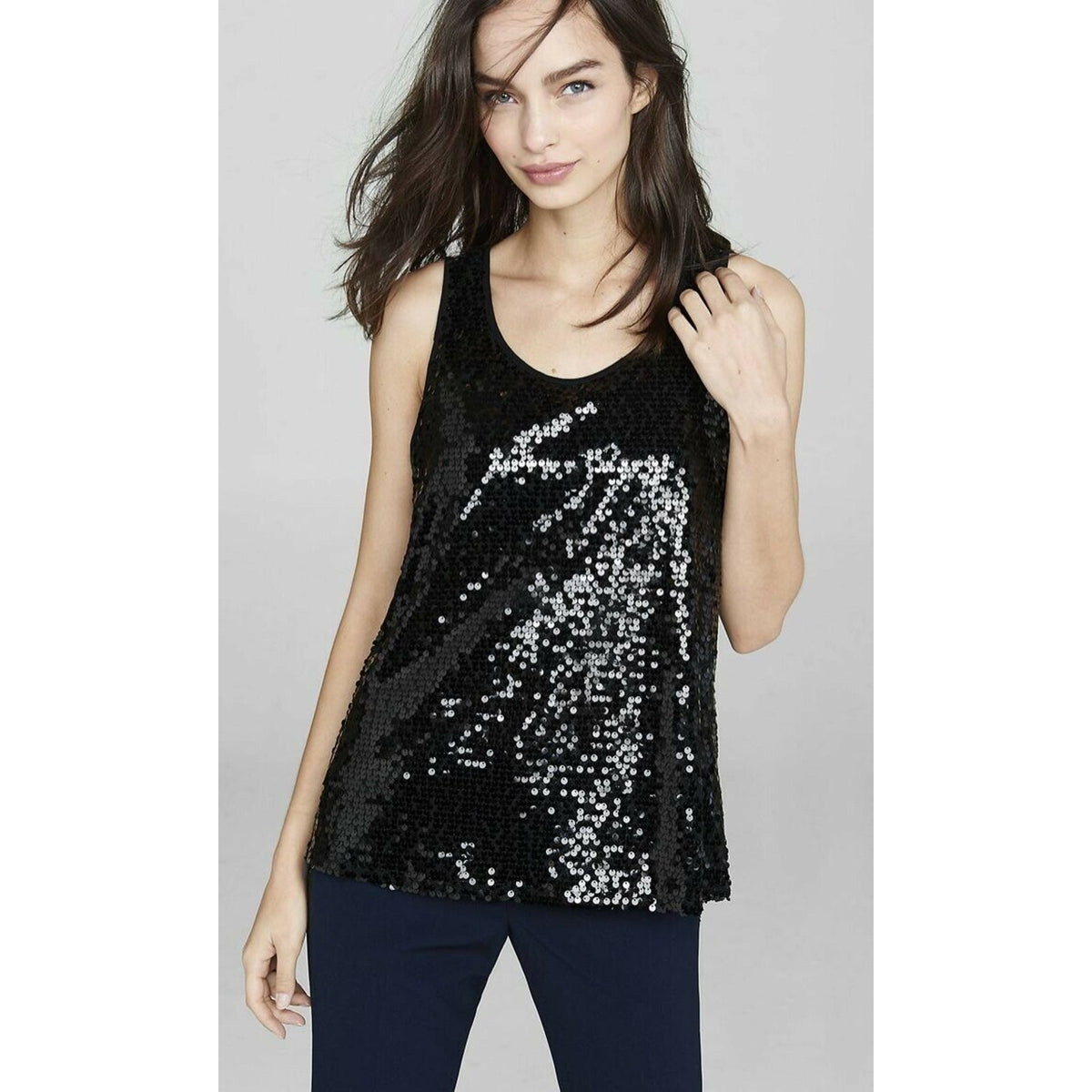 Charter Club Sequined Tank Top Sleeveless Round Neck Deep Black Medium NWT