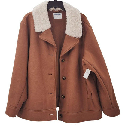 Old Navy NEW Size XXL Brown Sherpa Faux Fleece Collar button Up coat jacket