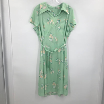 Vintage Green Floral Print Cap Sleeve Shift Dress Collared Neck Belted Waist