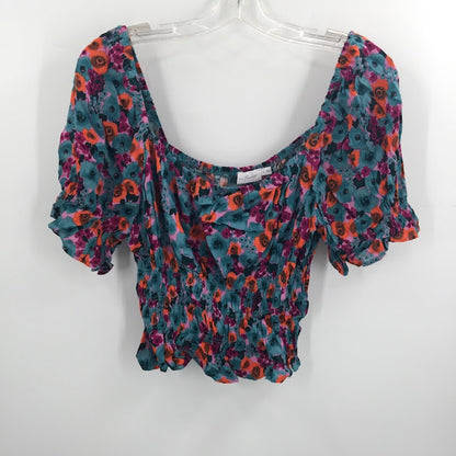 All in Favor large Womens Top Short sleeve Midriff Orange Floral Large
