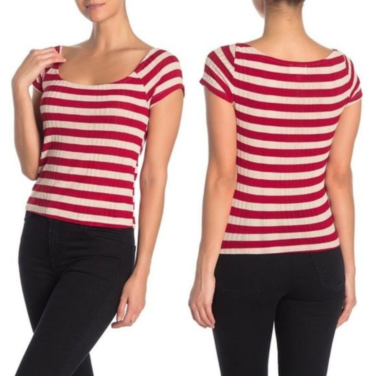 PST By Project Social T-Shirt Ribbed Cap Sleeve Scoop Neck Red Striped Large