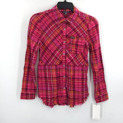 Calvin Klein Jeans Button Up Shirt Extra Large/XL 16 Raspberry Plaid NWT Raw Hem