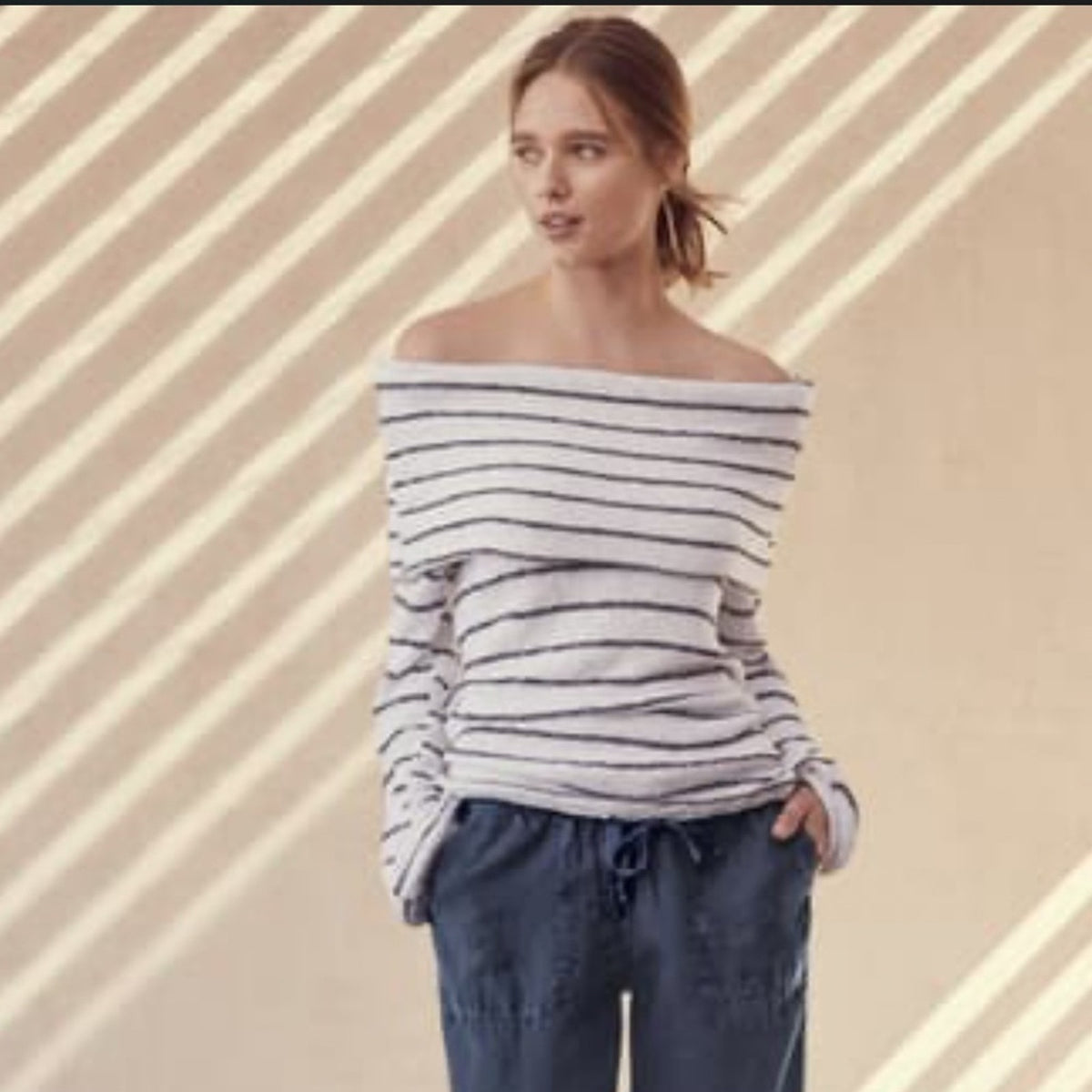 Caslon Convertible Off The Shoulder Pullover Small Cowl Neck Striped Sweater top